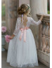 Long Sleeve Ivory Lace Tulle V Back Flower Girl Dress